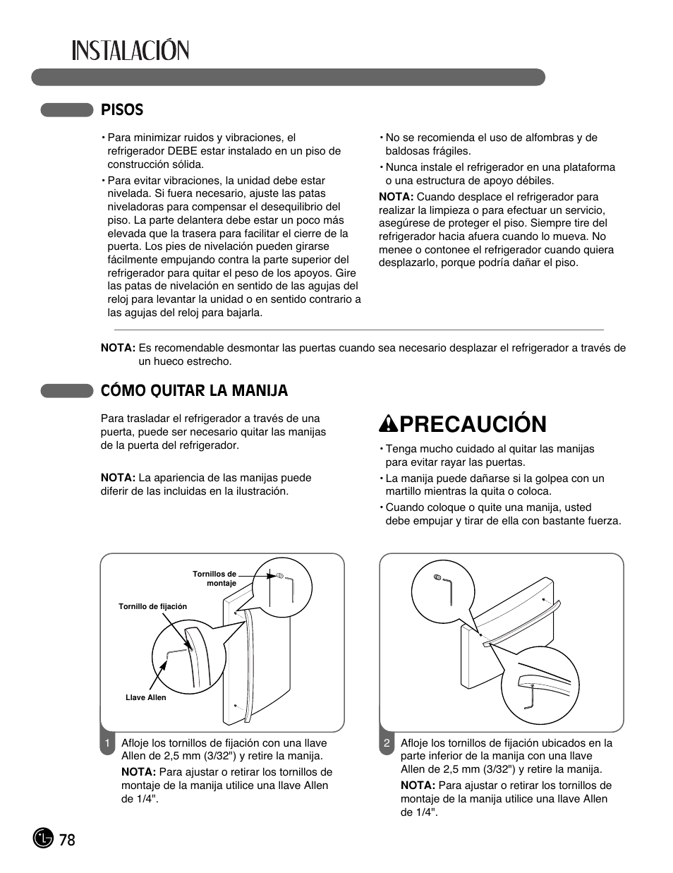 Wprecaución, Cómo quitar la manija, 78 pisos | LG LFC21770 User Manual | Page 78 / 108