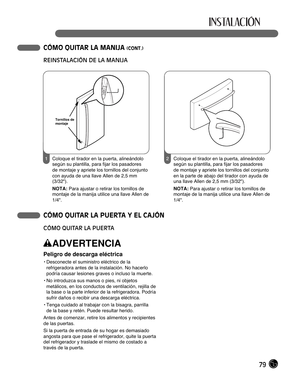 Wadvertencia, 79 cómo quitar la manija, Cómo quitar la puerta y el cajón | LG LFC21770 User Manual | Page 79 / 108