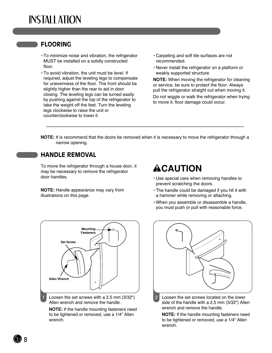 Wcaution, Handle removal, 8flooring | LG LFC21770 User Manual | Page 8 / 108