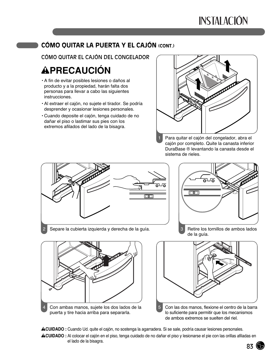 Wprecaución, 83 cómo quitar la puerta y el cajón | LG LFC21770 User Manual | Page 83 / 108