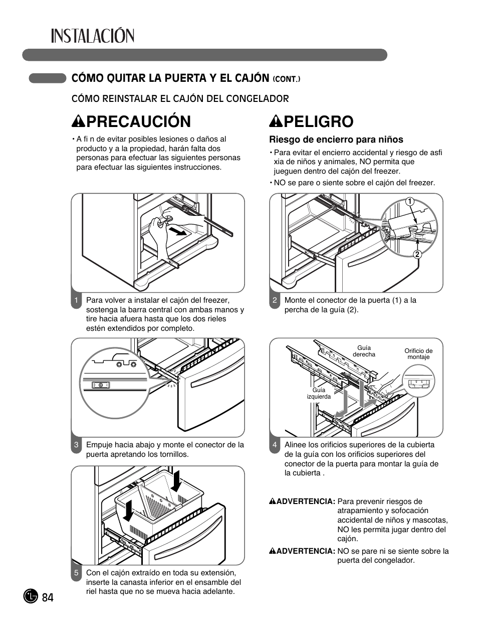 Wprecaución, Wpeligro, 84 cómo quitar la puerta y el cajón | LG LFC21770 User Manual | Page 84 / 108