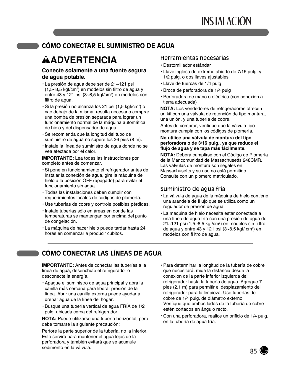 Wadvertencia, 85 cómo conectar el suministro de agua, Cómo conectar las líneas de agua | LG LFC21770 User Manual | Page 85 / 108