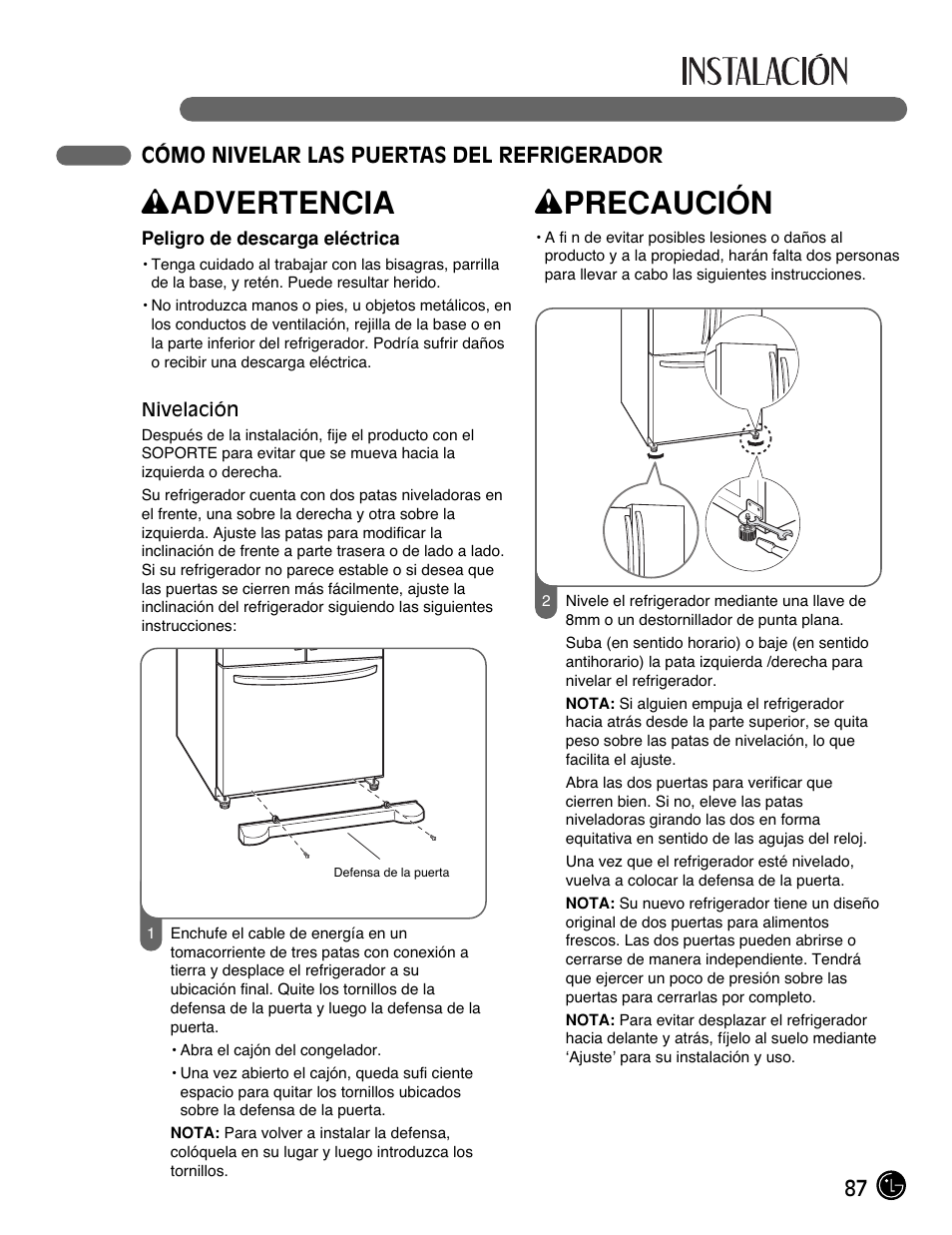 Wadvertencia, Wprecaución, 87 cómo nivelar las puertas del refrigerador | LG LFC21770 User Manual | Page 87 / 108