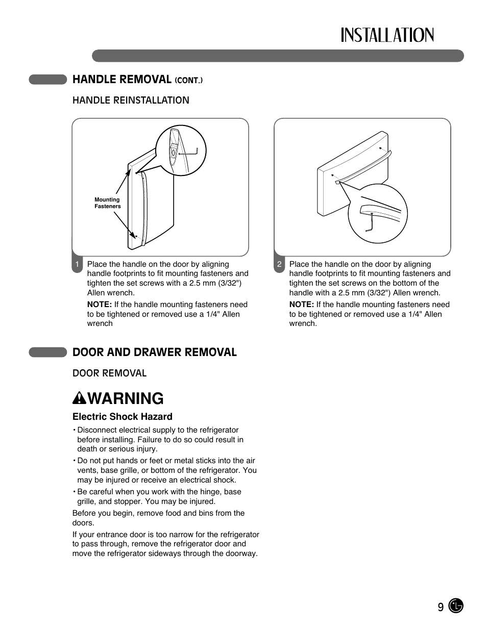 Wwarning, 9handle removal, Door and drawer removal | LG LFC21770 User Manual | Page 9 / 108