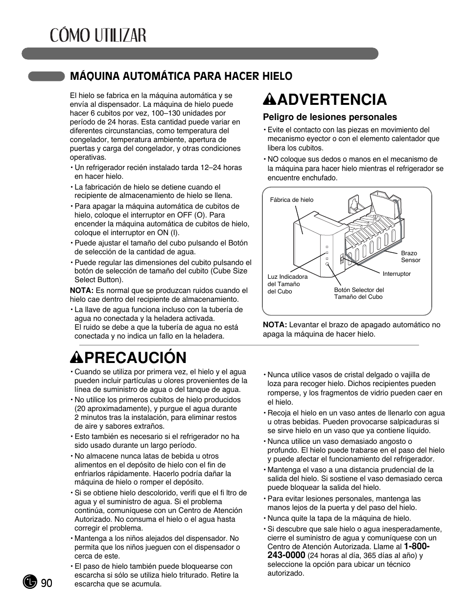 Wadvertencia, Wprecaución, 90 máquina automática para hacer hielo | LG LFC21770 User Manual | Page 90 / 108