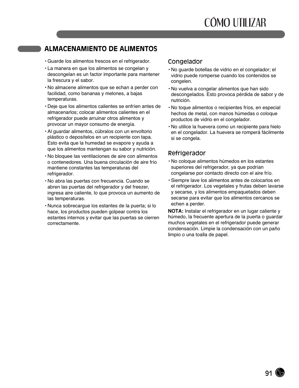 91 almacenamiento de alimentos | LG LFC21770 User Manual | Page 91 / 108