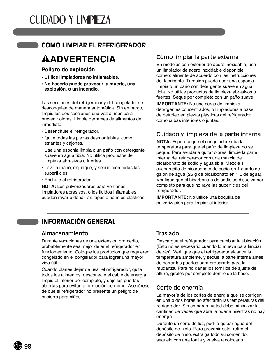 Wadvertencia, 98 cómo limpiar el refrigerador, Información general | LG LFC21770 User Manual | Page 98 / 108