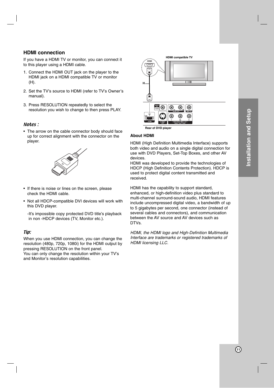 Installation and setup, Hdmi connection | LG LDA-511 User Manual | Page 11 / 34