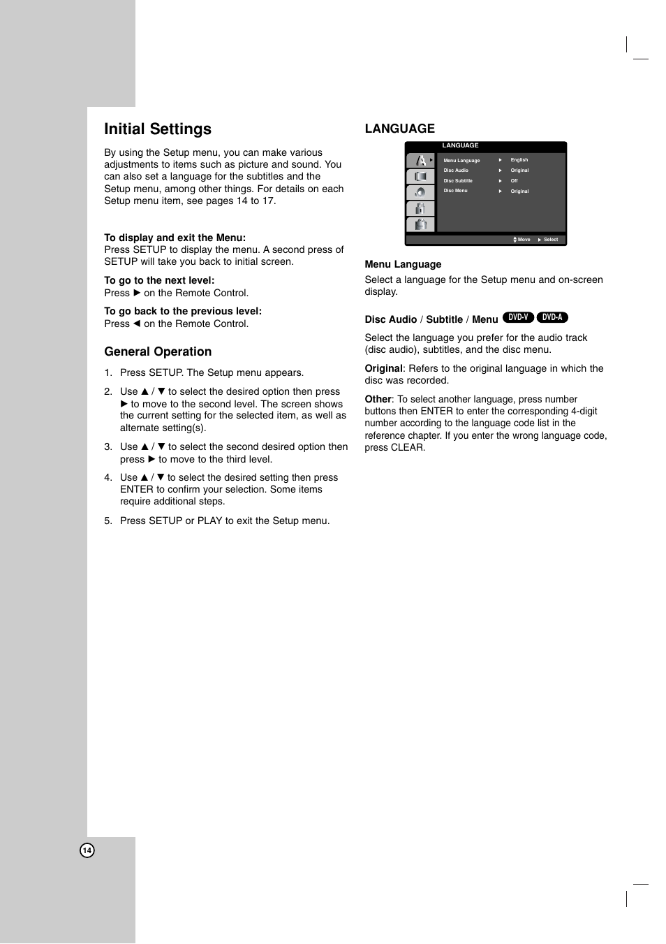 Initial settings, General operation, Language | LG LDA-511 User Manual | Page 14 / 34