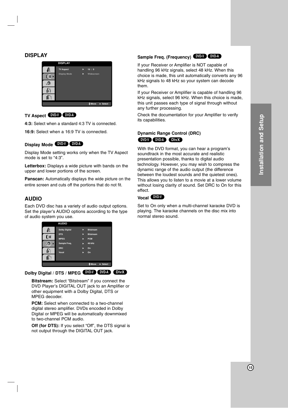 Installation and setup, Display, Audio | LG LDA-511 User Manual | Page 15 / 34