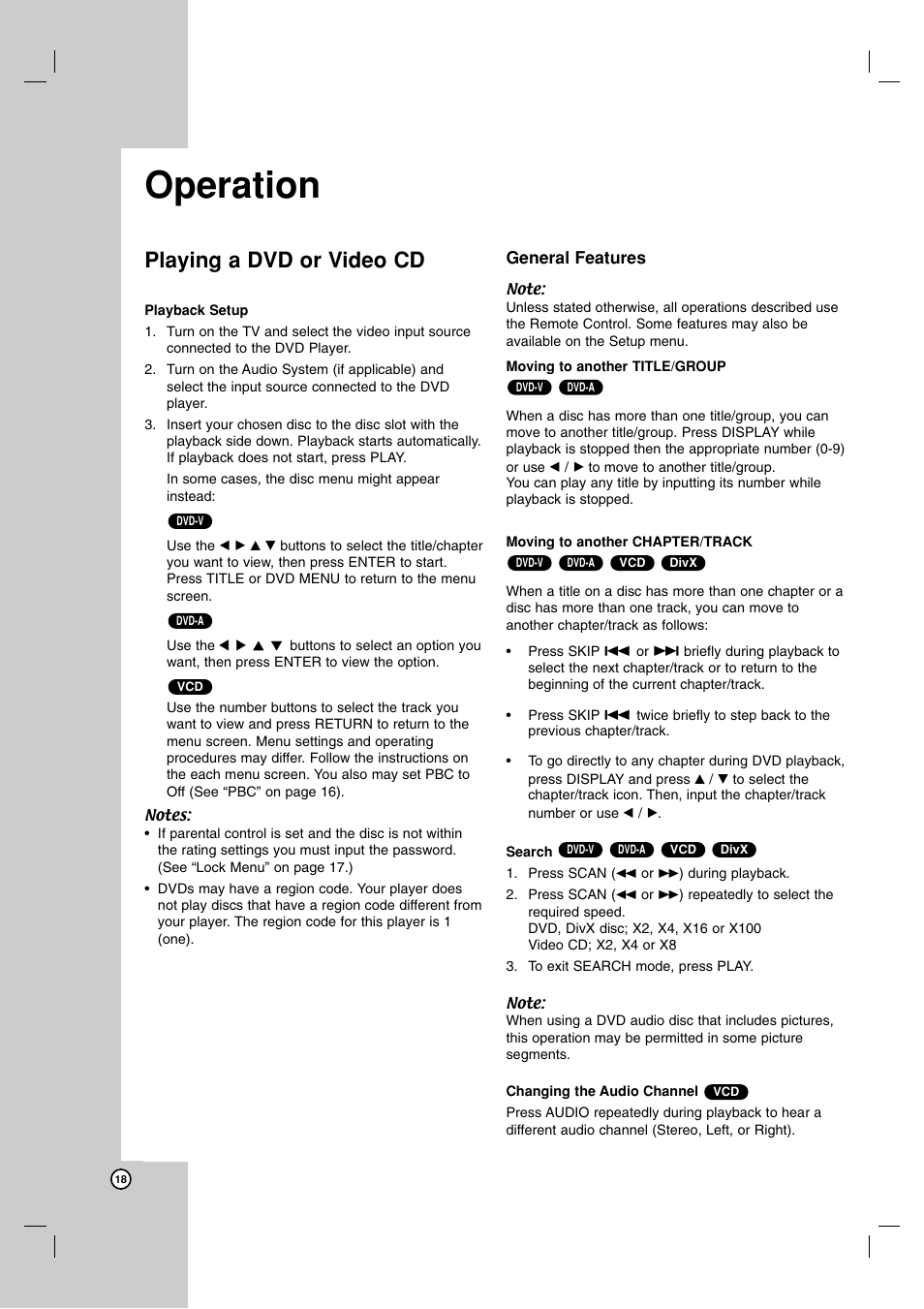 Operation, Playing a dvd or video cd | LG LDA-511 User Manual | Page 18 / 34