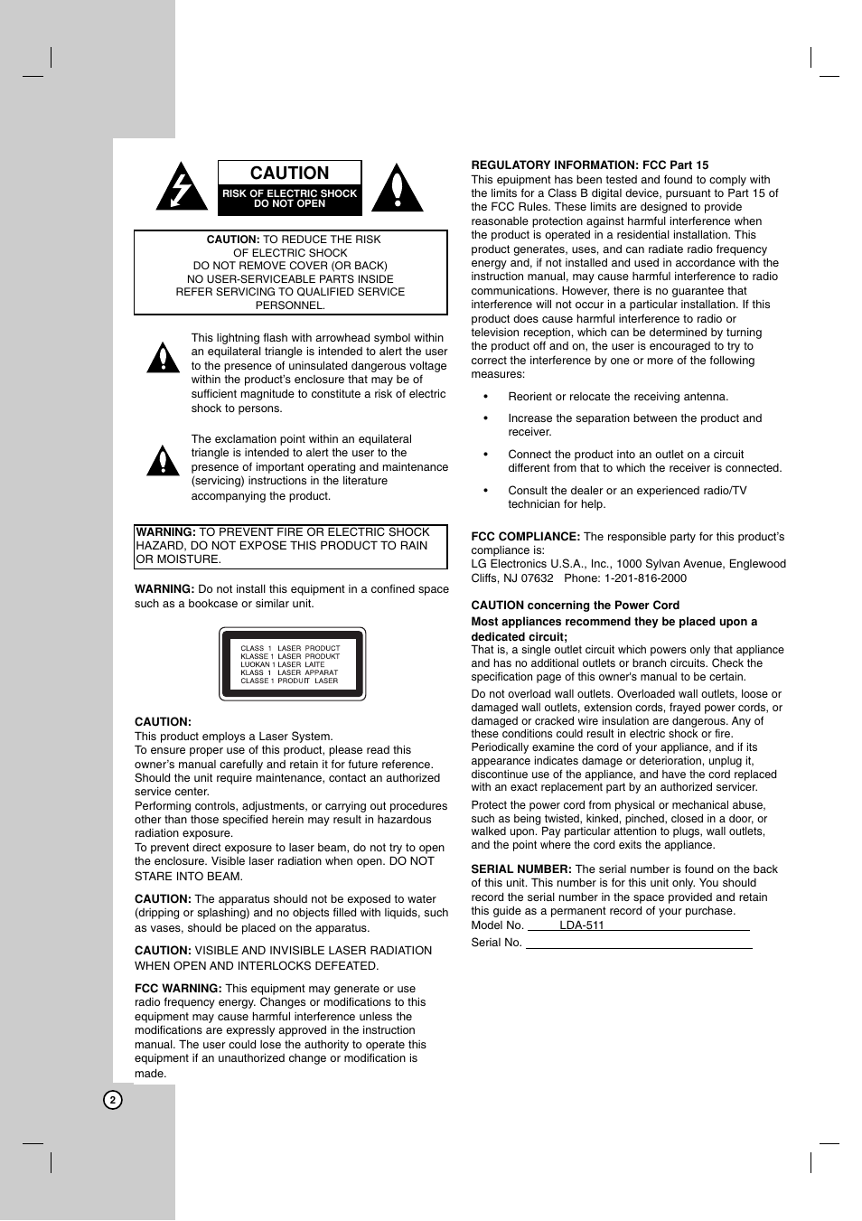 Caution | LG LDA-511 User Manual | Page 2 / 34