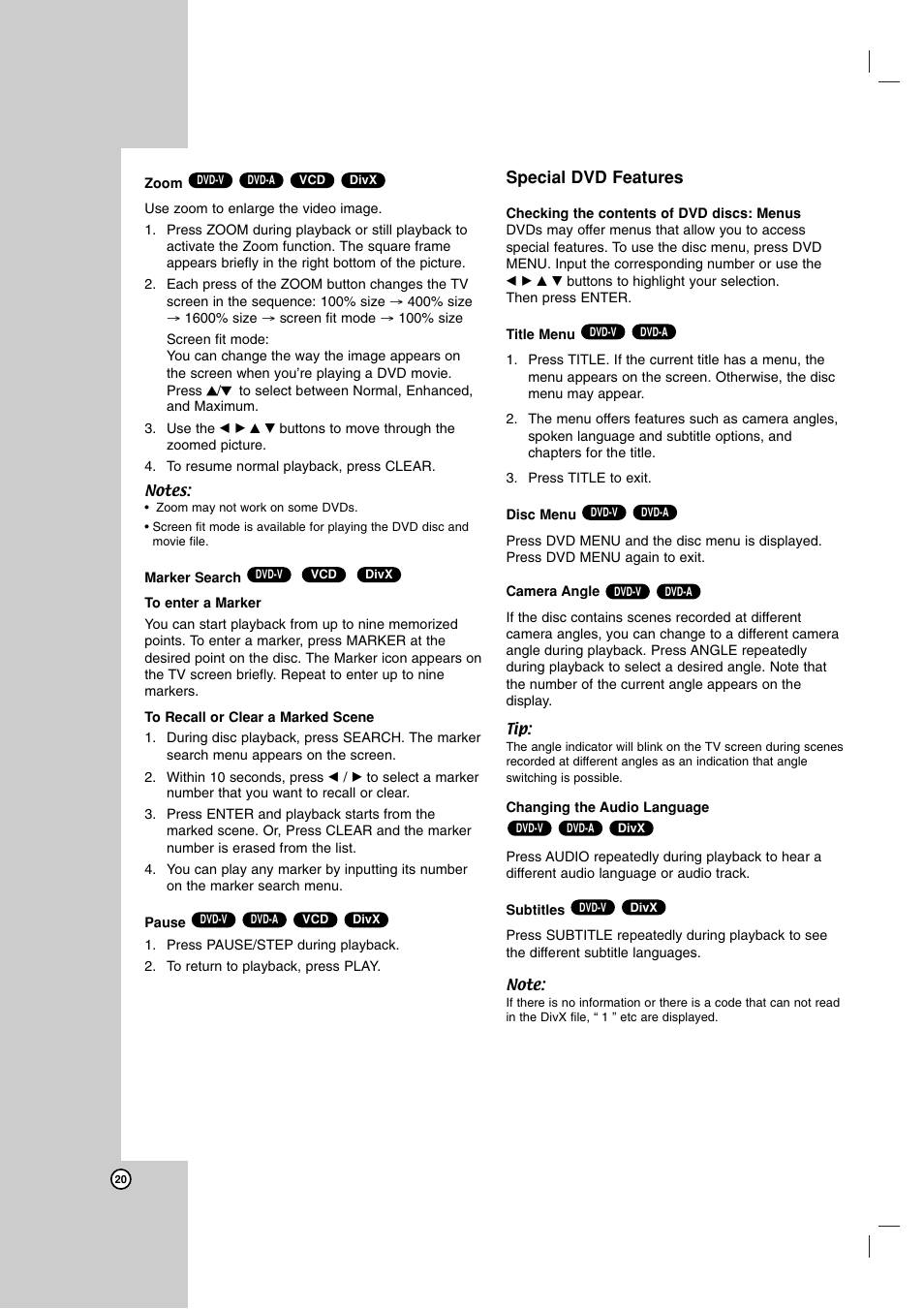 Special dvd features | LG LDA-511 User Manual | Page 20 / 34