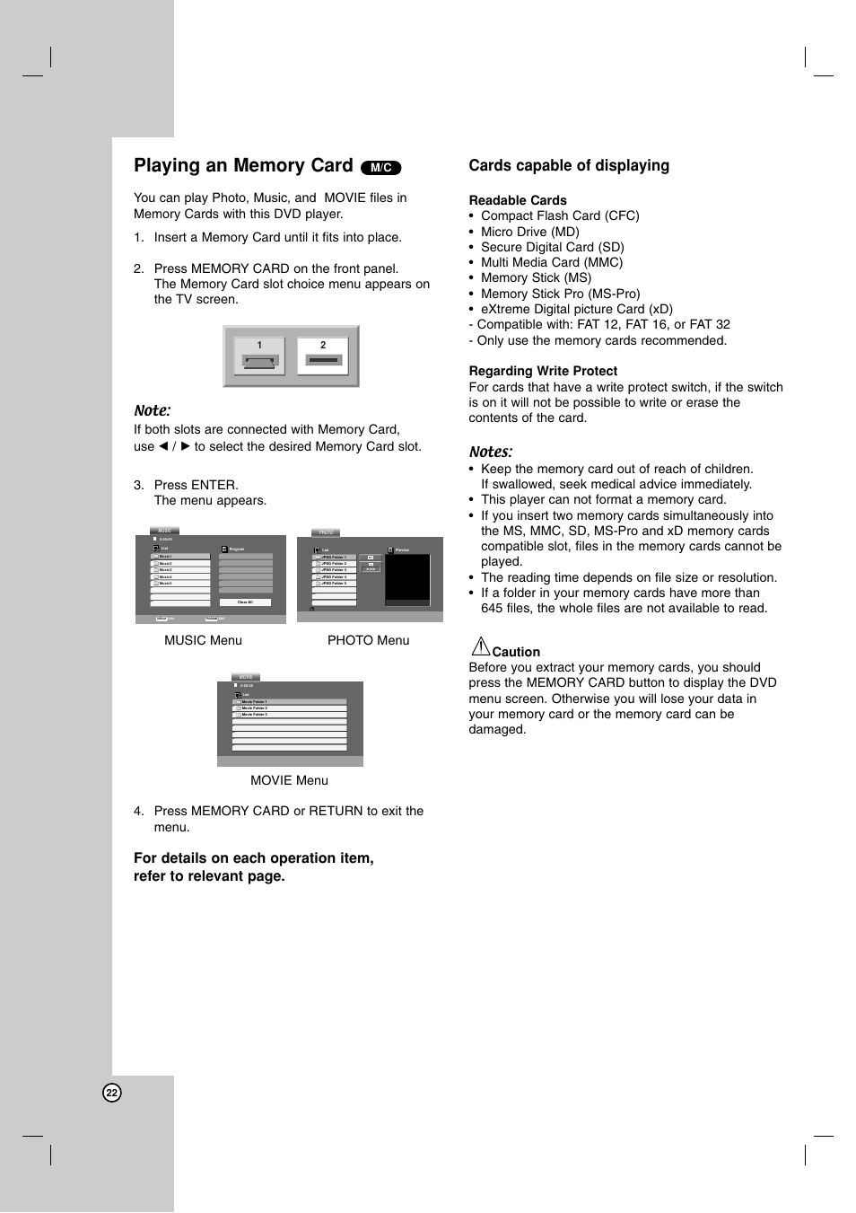 Cards capable of displaying | LG LDA-511 User Manual | Page 22 / 34