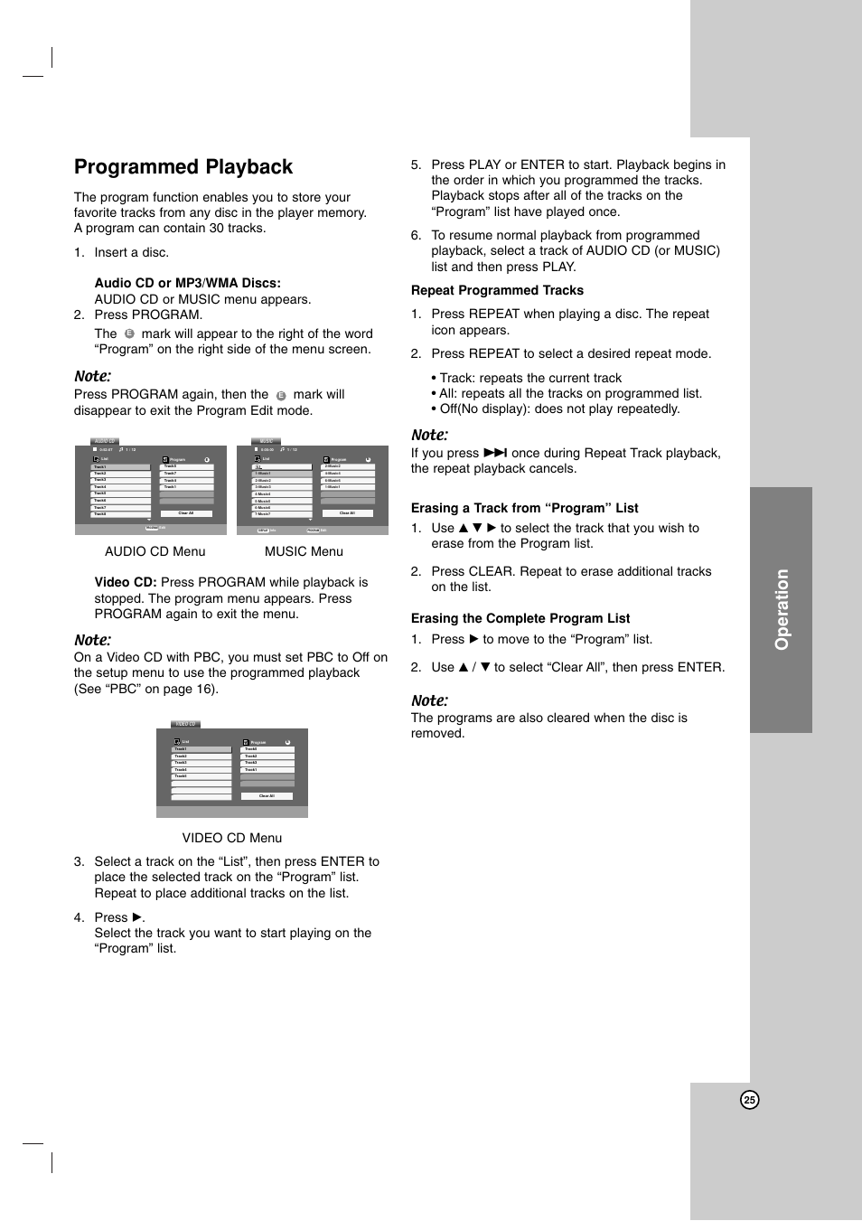 Programmed playback, Operation | LG LDA-511 User Manual | Page 25 / 34