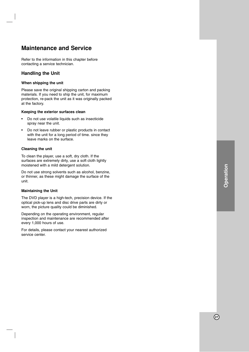 Maintenance and service, Operation | LG LDA-511 User Manual | Page 27 / 34