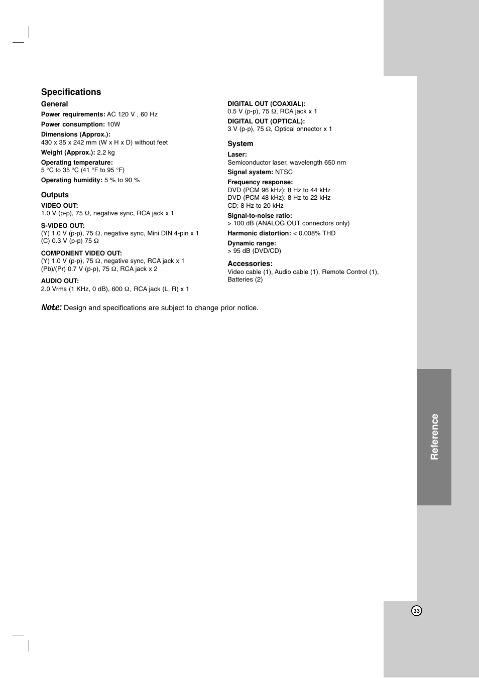 Reference, Specifications | LG LDA-511 User Manual | Page 33 / 34