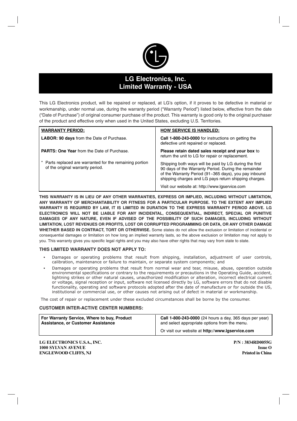 Lg electronics, inc. limited warranty - usa | LG LDA-511 User Manual | Page 34 / 34