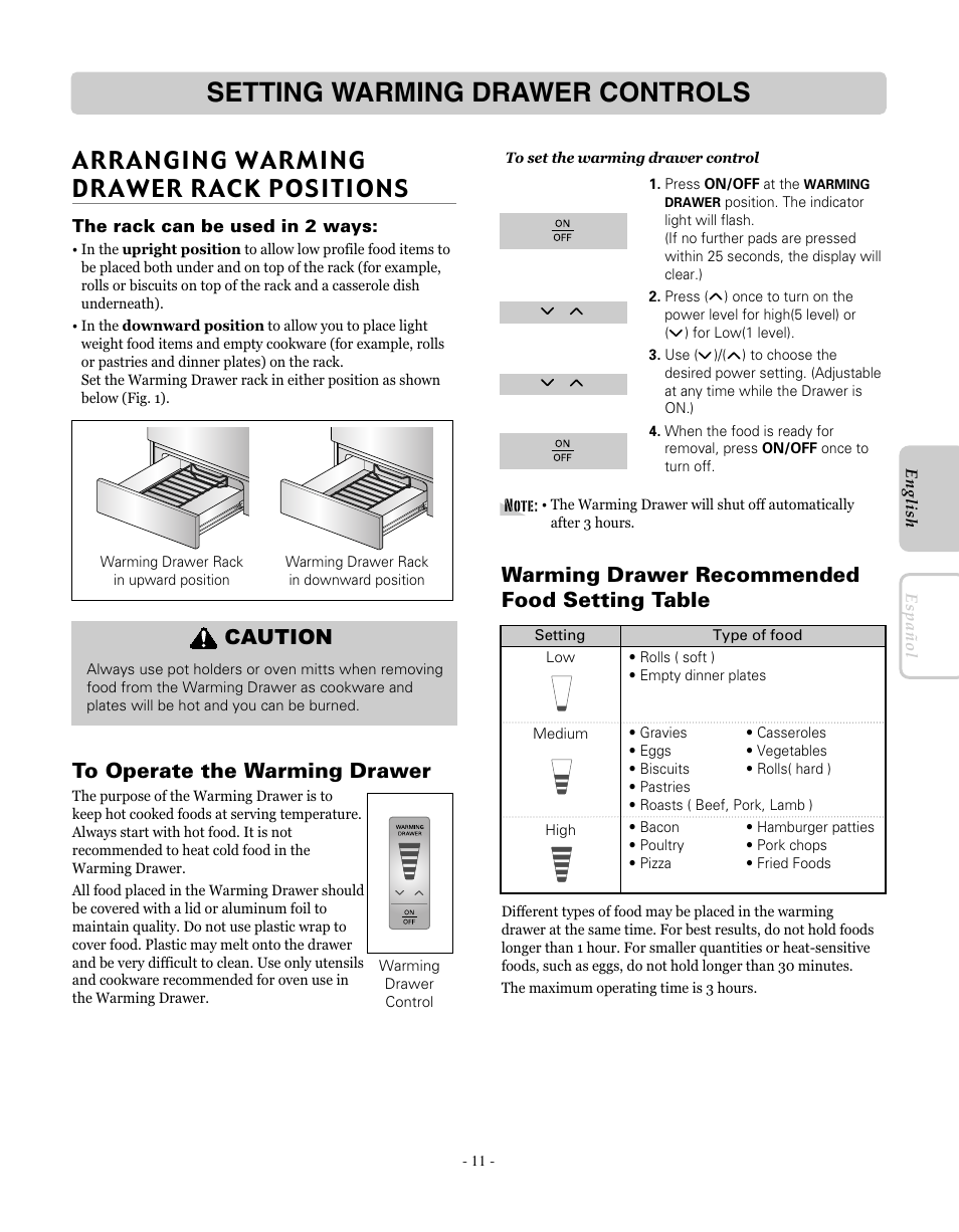Setting warming drawer controls, Arranging warming drawer rack positions, Warming drawer recommended food setting table | Caution | LG LRE30755SW User Manual | Page 11 / 72