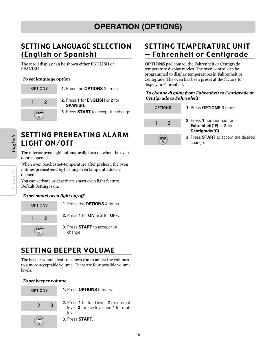 Operation (options), Setting beeper volume, Setting language selection (english or spanish) | LG LRE30755SW User Manual | Page 16 / 72