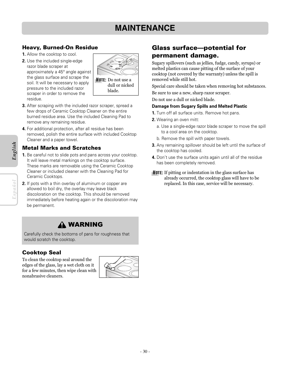 Maintenance, Glass surface—potential for permanent damage, Warning | LG LRE30755SW User Manual | Page 30 / 72