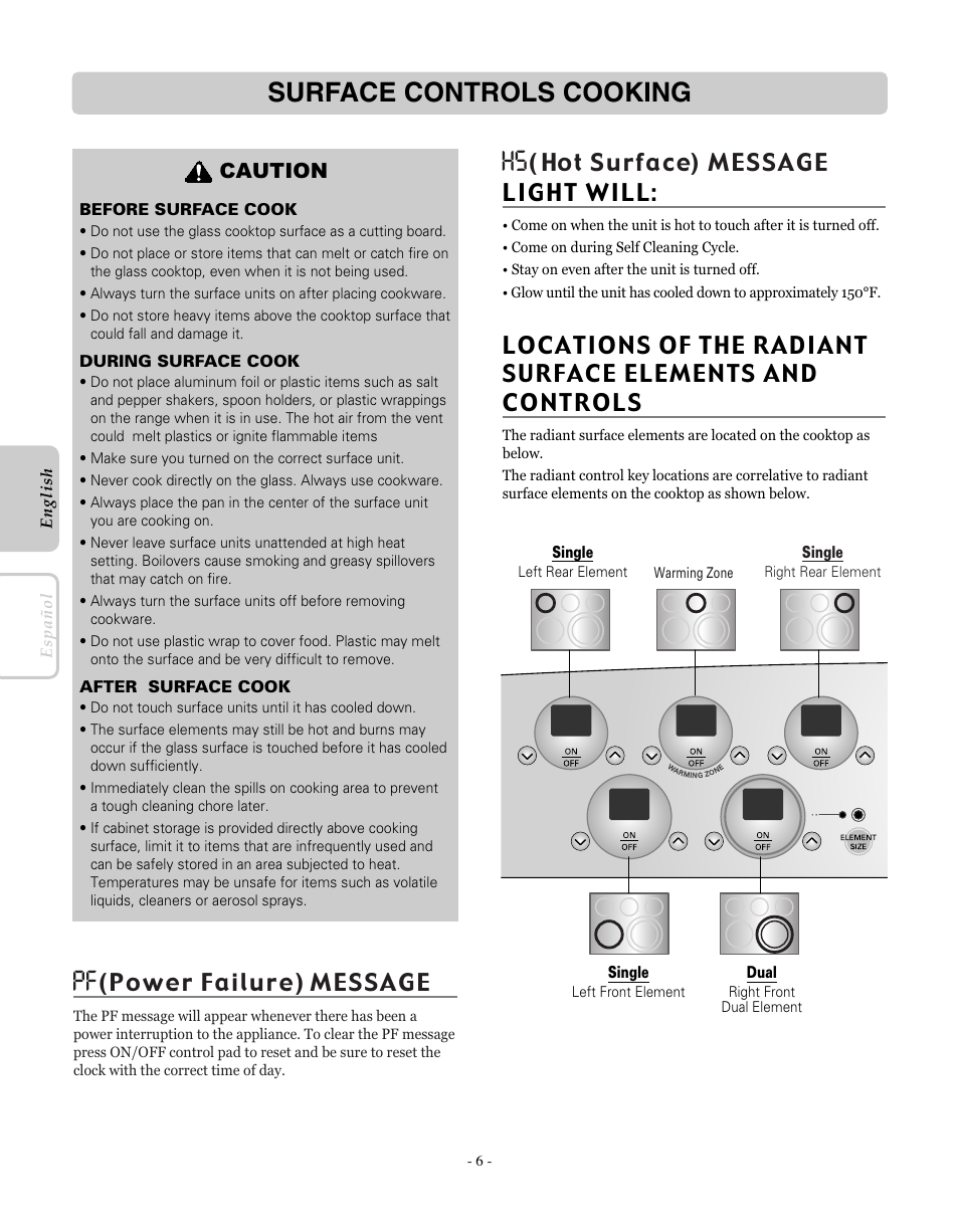 Surface controls cooking, Caution | LG LRE30755SW User Manual | Page 6 / 72