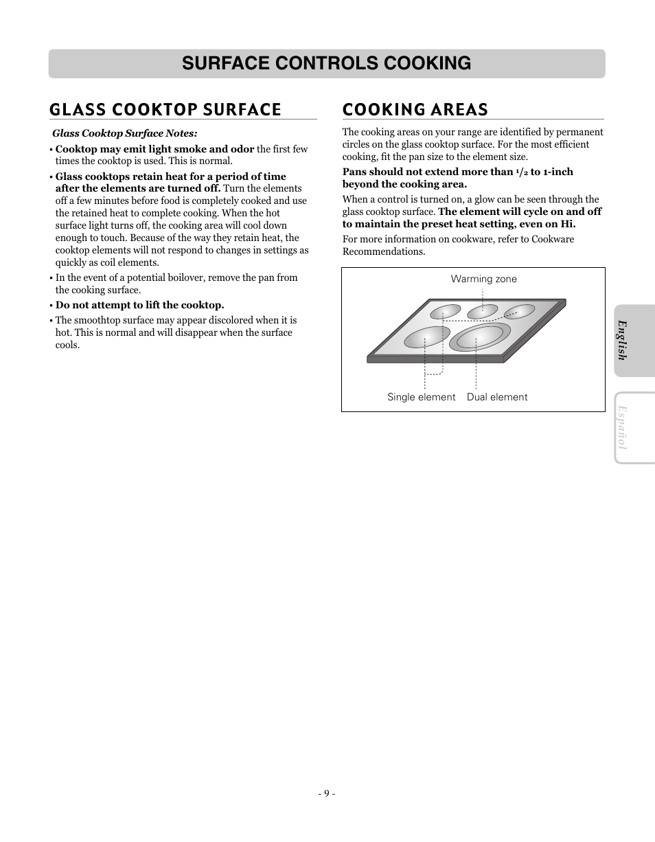 Surface controls cooking, Cooking areas | LG LRE30755SW User Manual | Page 9 / 72