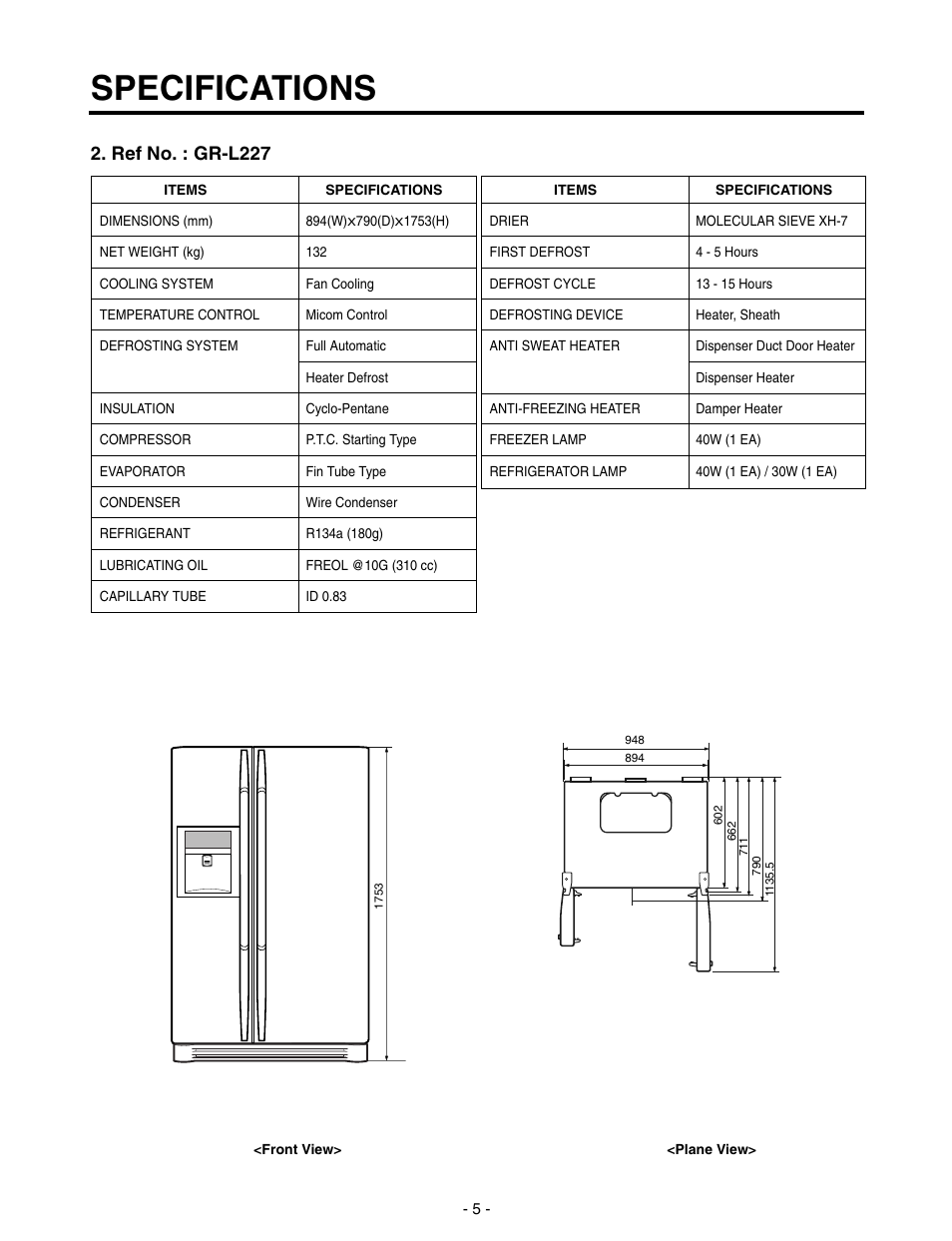 Specifications, Ref no. : gr-l227 | LG SXS GR-P257/L257 User Manual | Page 5 / 99