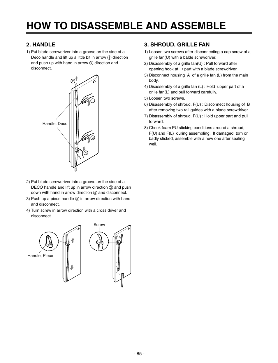 How to disassemble and assemble, Handle, Shroud, grille fan | LG SXS GR-P257/L257 User Manual | Page 87 / 99