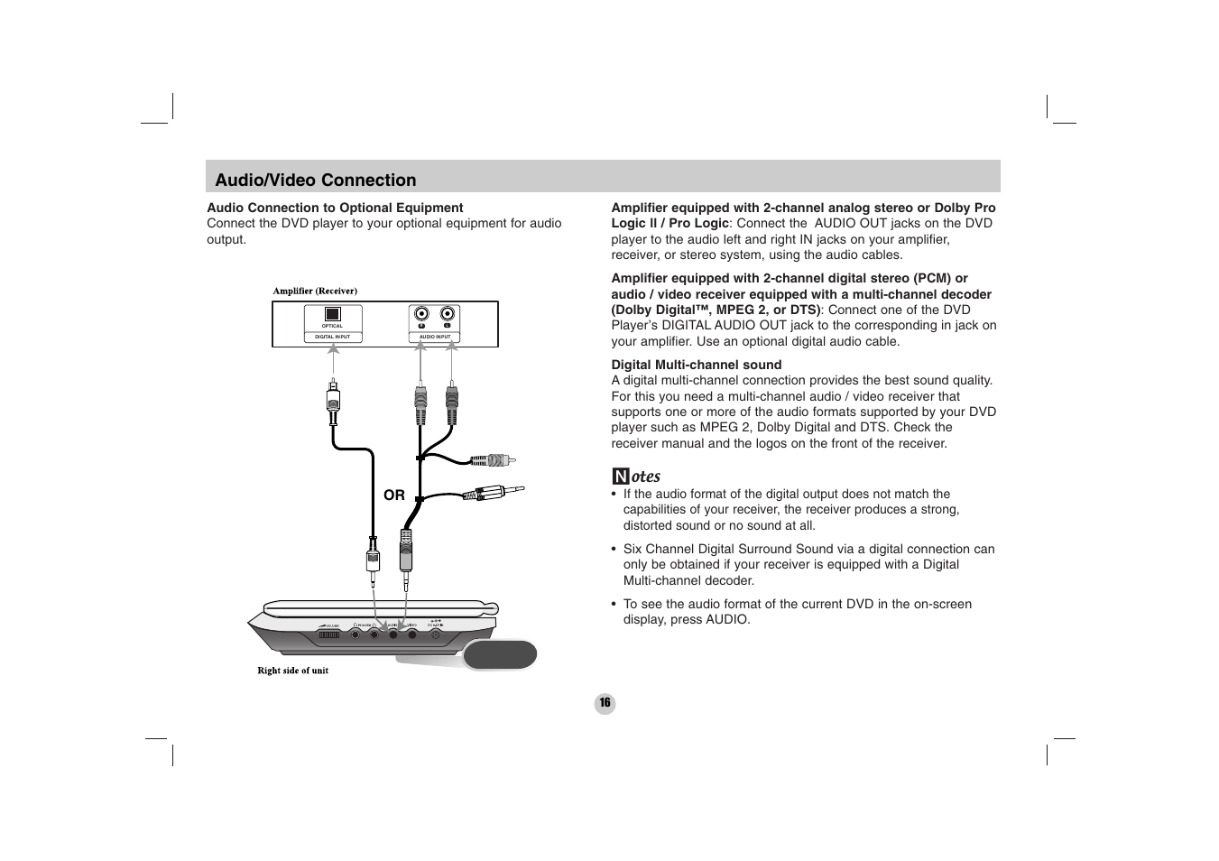 Audio/video connection | LG DP170 User Manual | Page 16 / 36