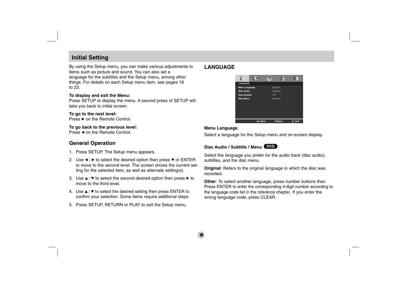 Initial setting | LG DP170 User Manual | Page 18 / 36