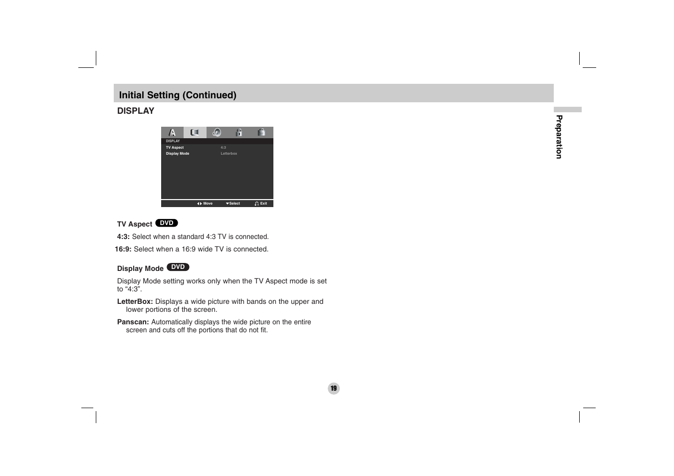 Initial setting (continued), Display | LG DP170 User Manual | Page 19 / 36