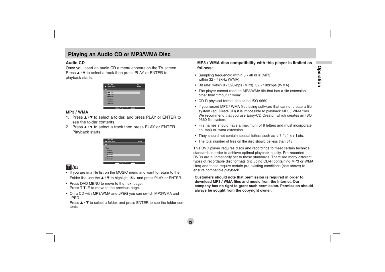 Playing an audio cd or mp3/wma disc, Operation | LG DP170 User Manual | Page 27 / 36