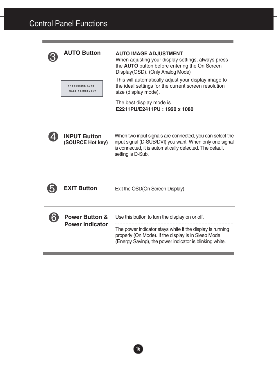 Control panel functions | LG LCD MONITOR E2211PU User Manual | Page 17 / 34