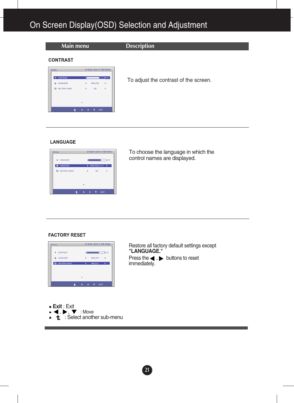 Contrast, Language, Factory reset | On screen display(osd) selection and adjustment | LG LCD MONITOR E2211PU User Manual | Page 22 / 34