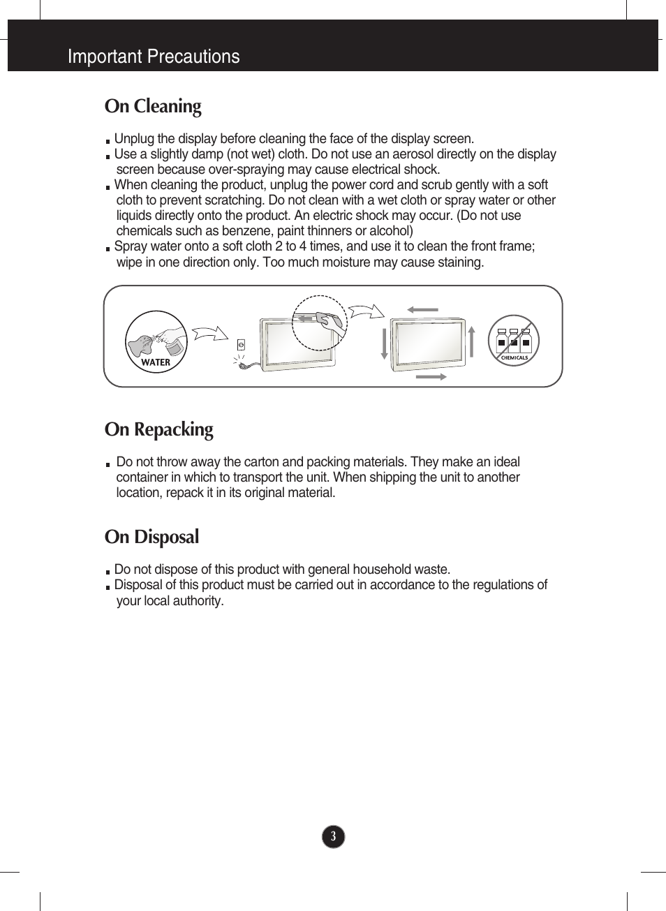 On cleaning, On repacking, On disposal | Important precautions | LG LCD MONITOR E2211PU User Manual | Page 4 / 34