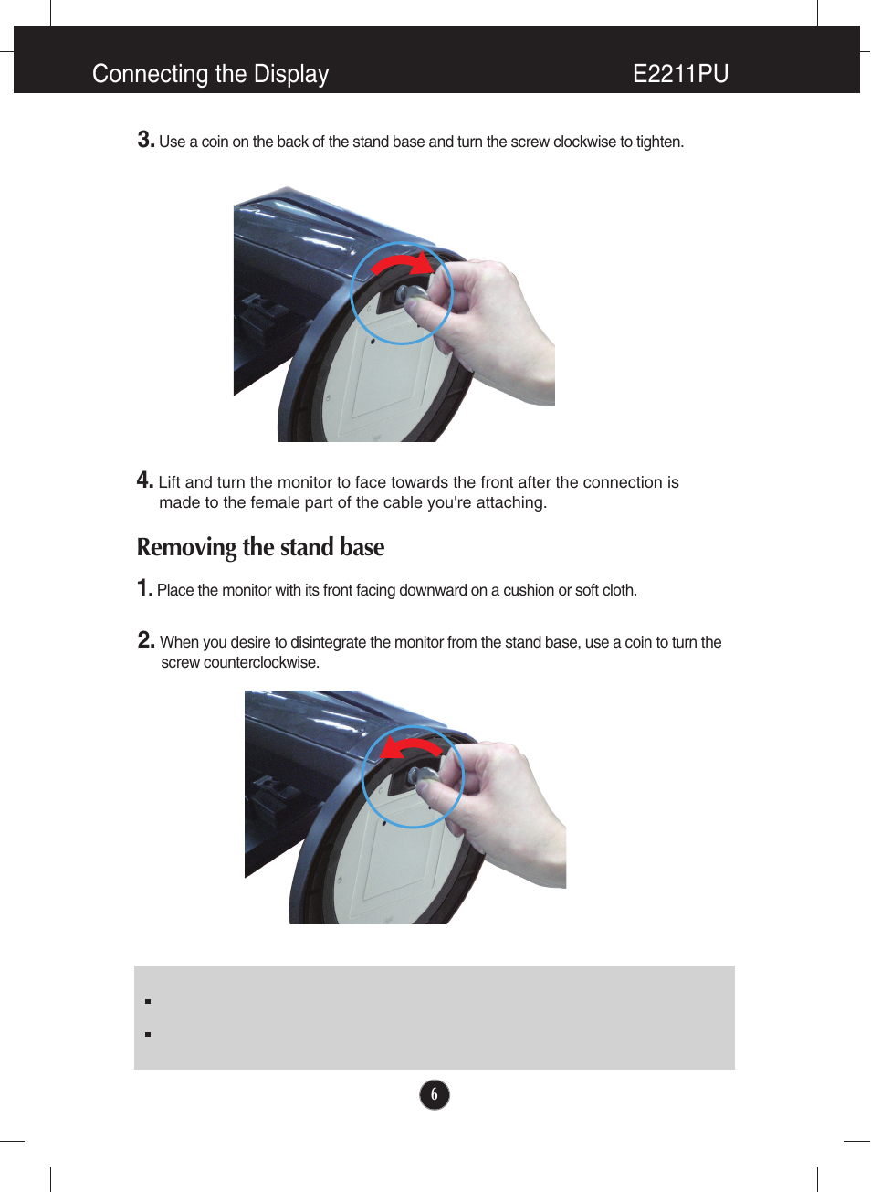 Connecting the display e2211pu, Removing the stand base | LG LCD MONITOR E2211PU User Manual | Page 7 / 34