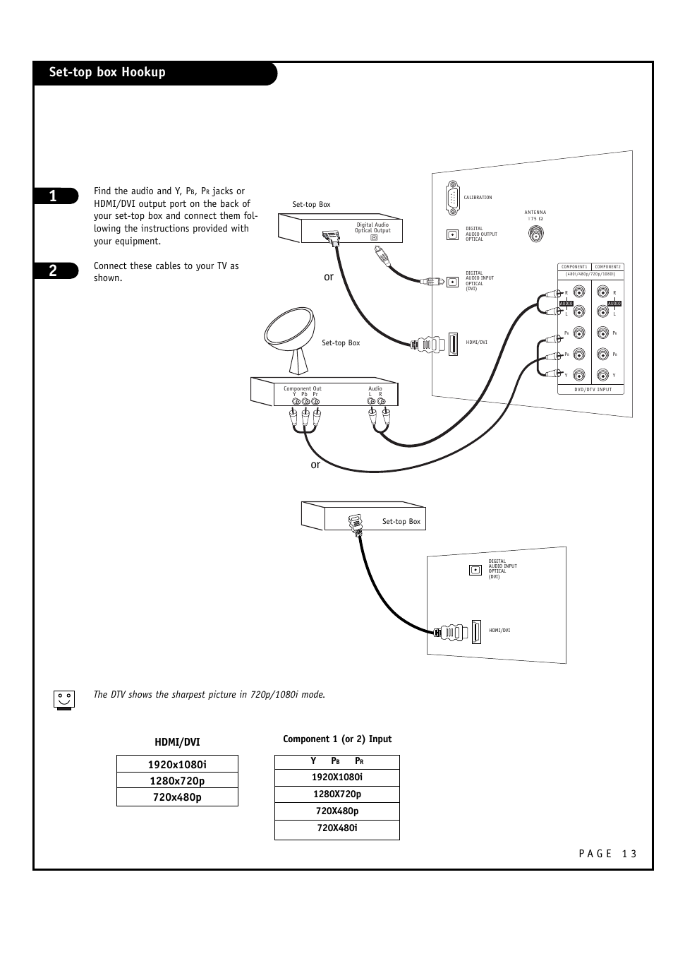 Set-top box hookup, Find the audio and y, p, Component 1 (or 2) input y p | LG 30FZ1DC User Manual | Page 13 / 60