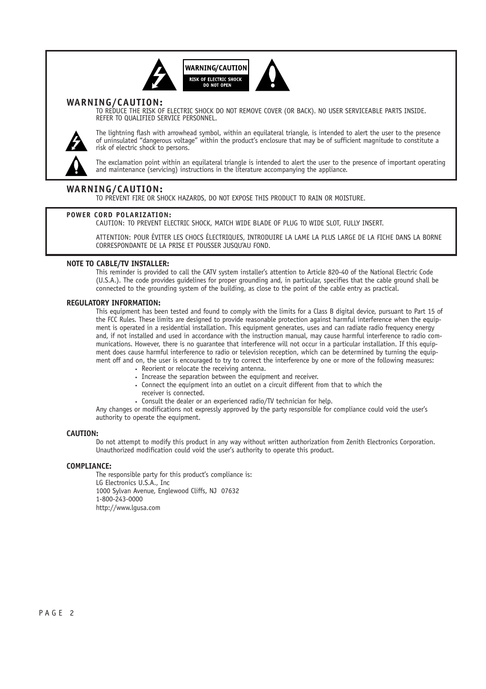Warning/caution | LG 30FZ1DC User Manual | Page 2 / 60