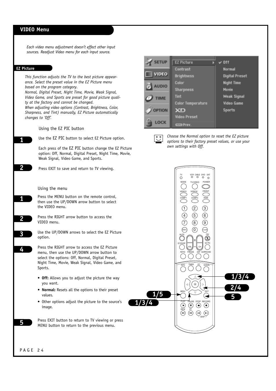 Video menu, Ez pic, Using the ez pic button | Using the menu | LG 30FZ1DC User Manual | Page 24 / 60