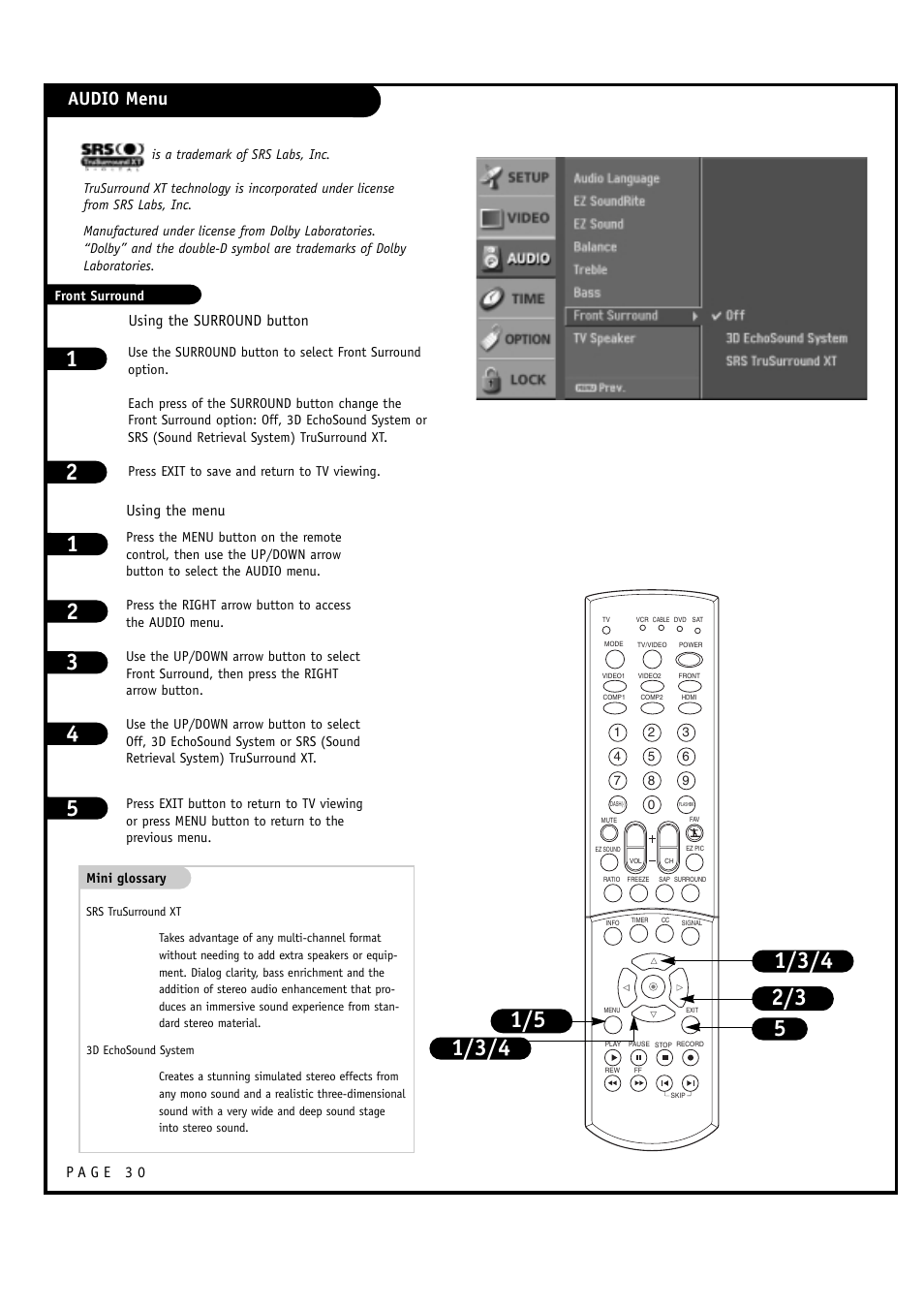 Audio menu, Using the surround button using the menu | LG 30FZ1DC User Manual | Page 30 / 60