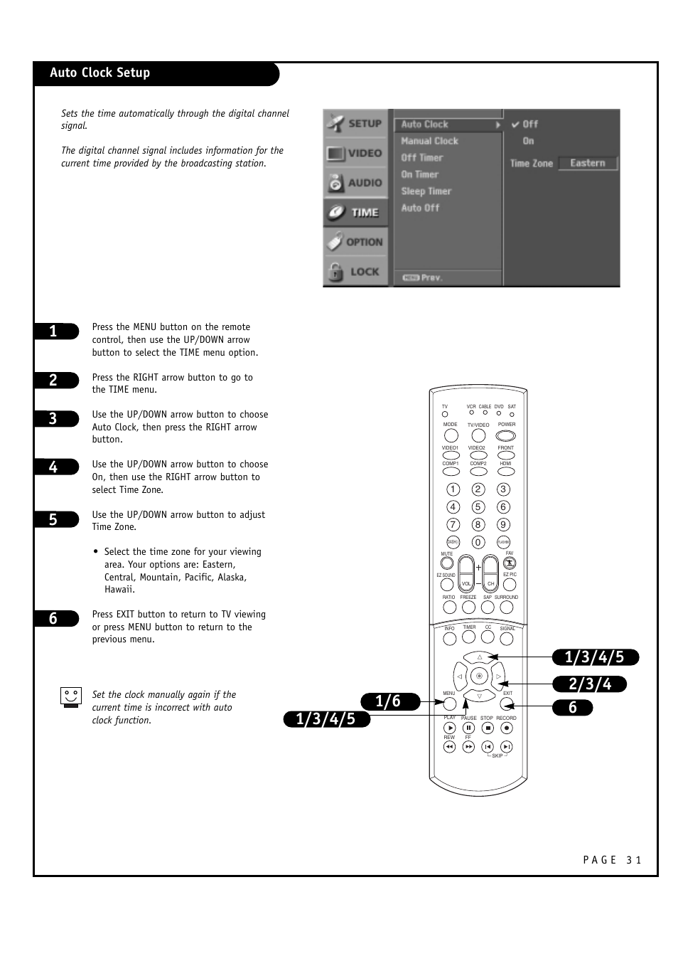 Auto clock setup | LG 30FZ1DC User Manual | Page 31 / 60