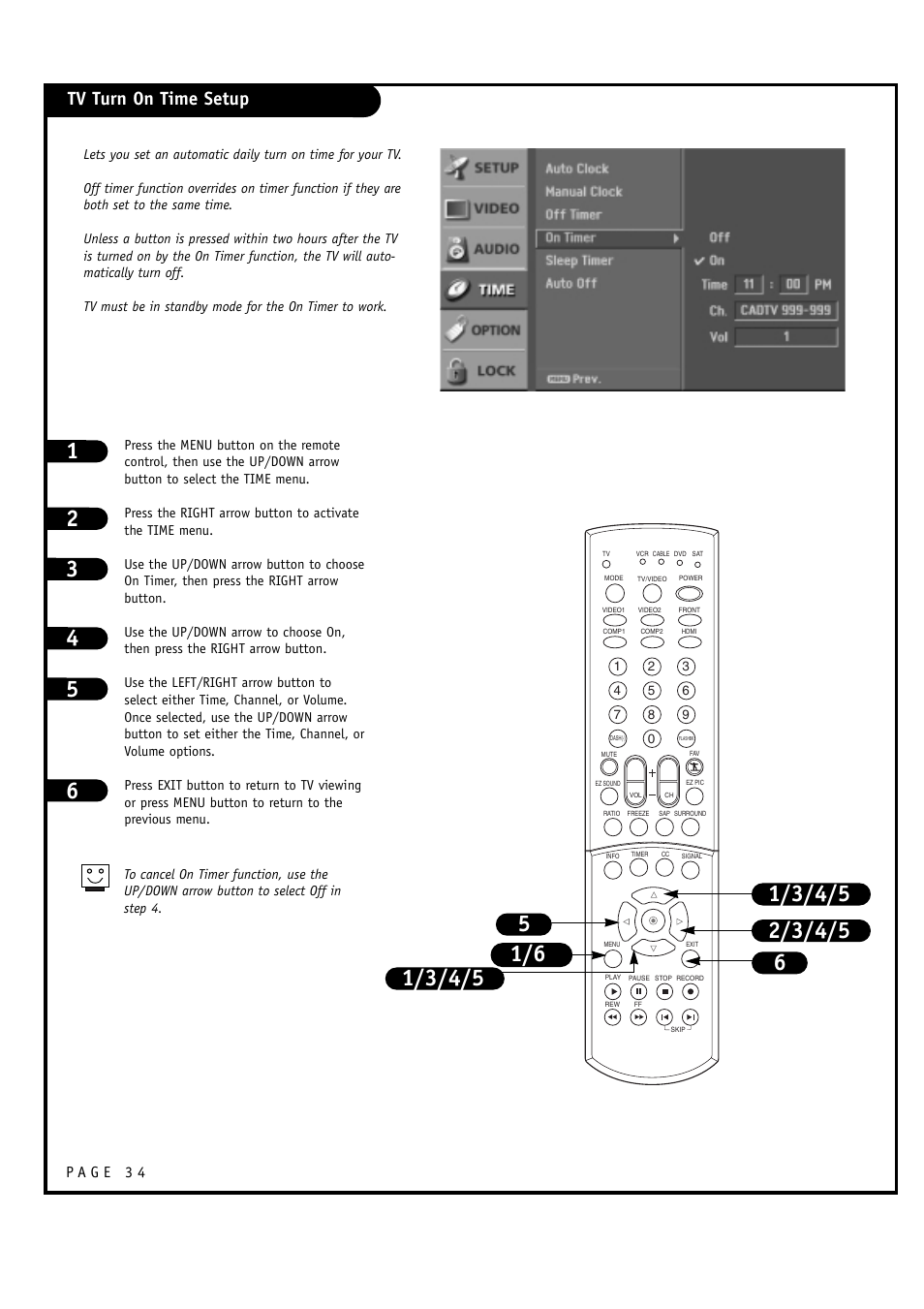 Tv turn on time setup | LG 30FZ1DC User Manual | Page 34 / 60