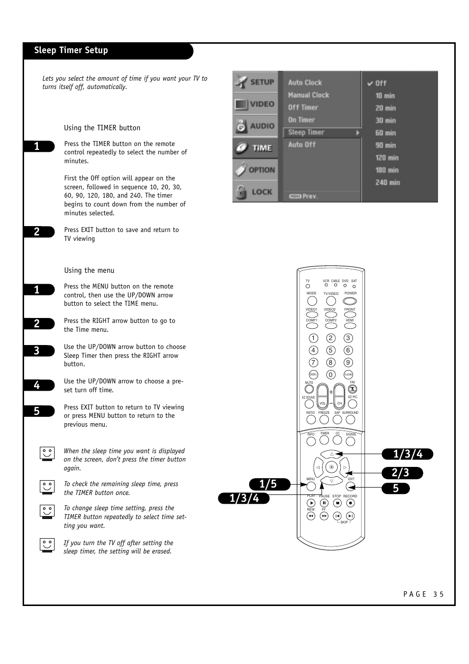 Sleep timer setup, Using the timer button using the menu | LG 30FZ1DC User Manual | Page 35 / 60