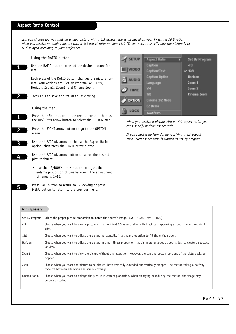 Aspect ratio control | LG 30FZ1DC User Manual | Page 37 / 60