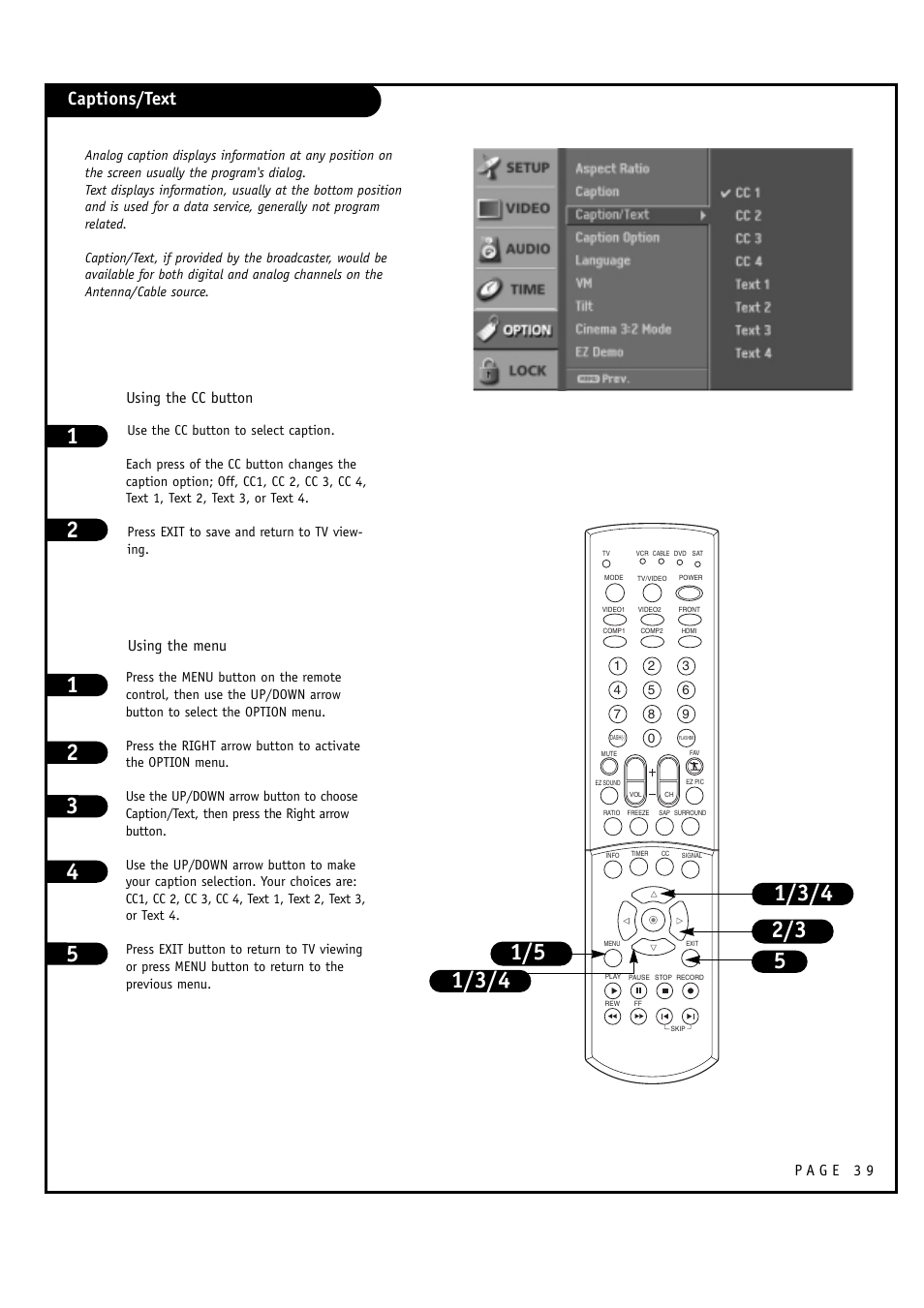 Captions/text, Using the cc button using the menu | LG 30FZ1DC User Manual | Page 39 / 60