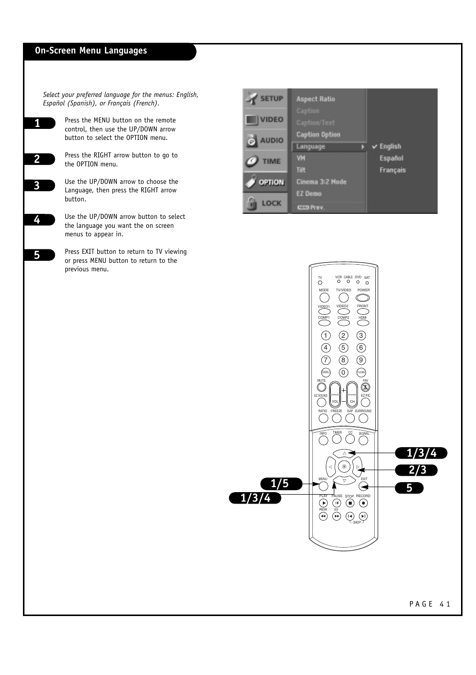 On-screen menu languages | LG 30FZ1DC User Manual | Page 41 / 60