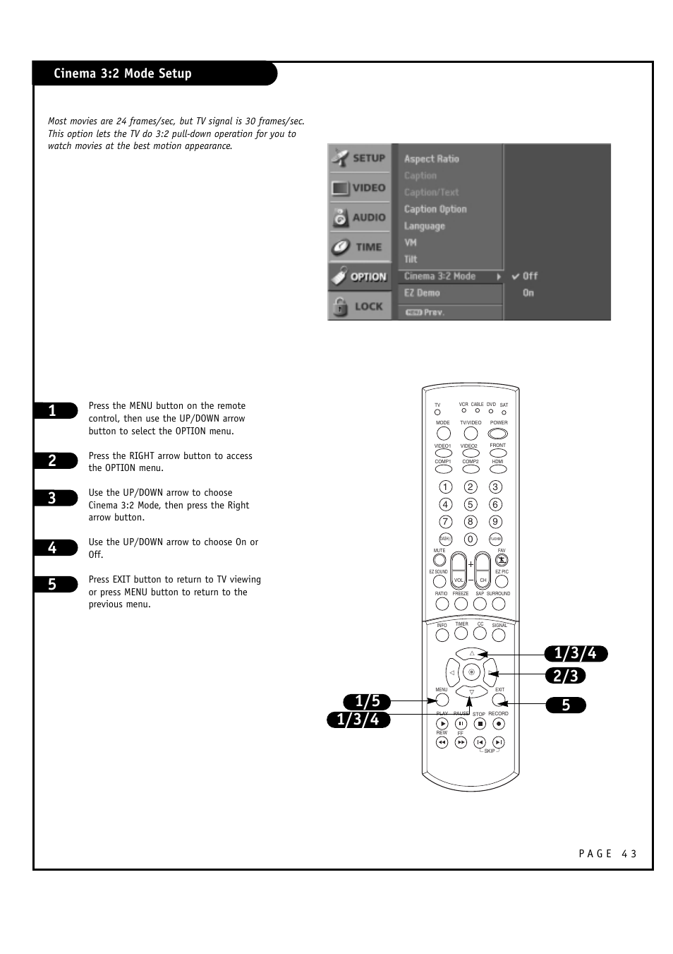 Cinema 3:2 mode setup | LG 30FZ1DC User Manual | Page 43 / 60