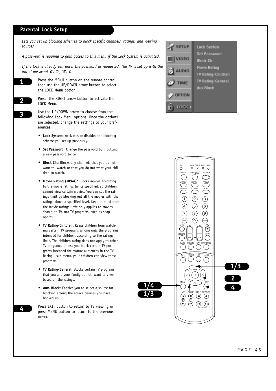 Parental lock setup | LG 30FZ1DC User Manual | Page 45 / 60