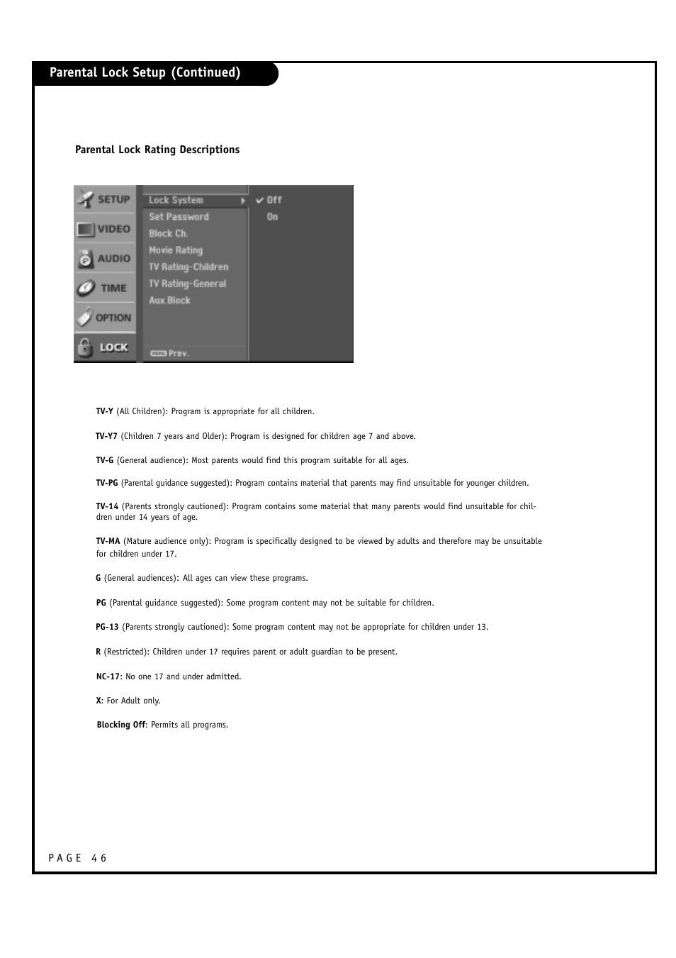 Parental lock setup (continued) | LG 30FZ1DC User Manual | Page 46 / 60